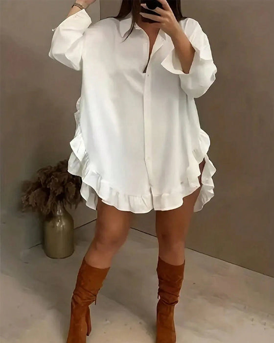 Lapel ruffled solid color shirt