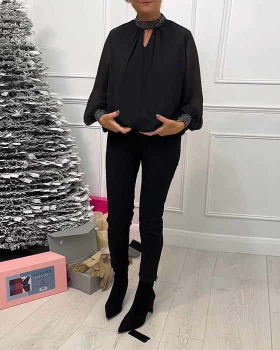 Fashion solid color stand collar patchwork hollow blouse