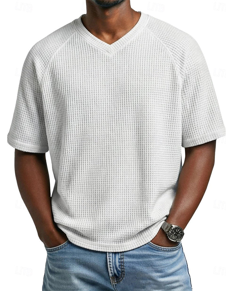 Men's Waffle V-Neck Tee, Solid Color Casual Short Sleeve Top