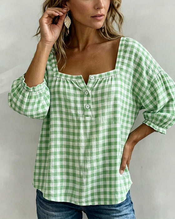 Square Neck Button-Up Plaid Blouse
