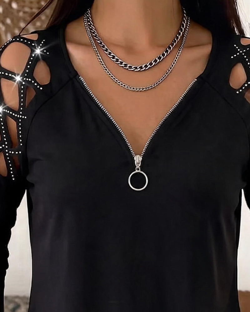 V-Neck Zip Cutout Long-Sleeve Top