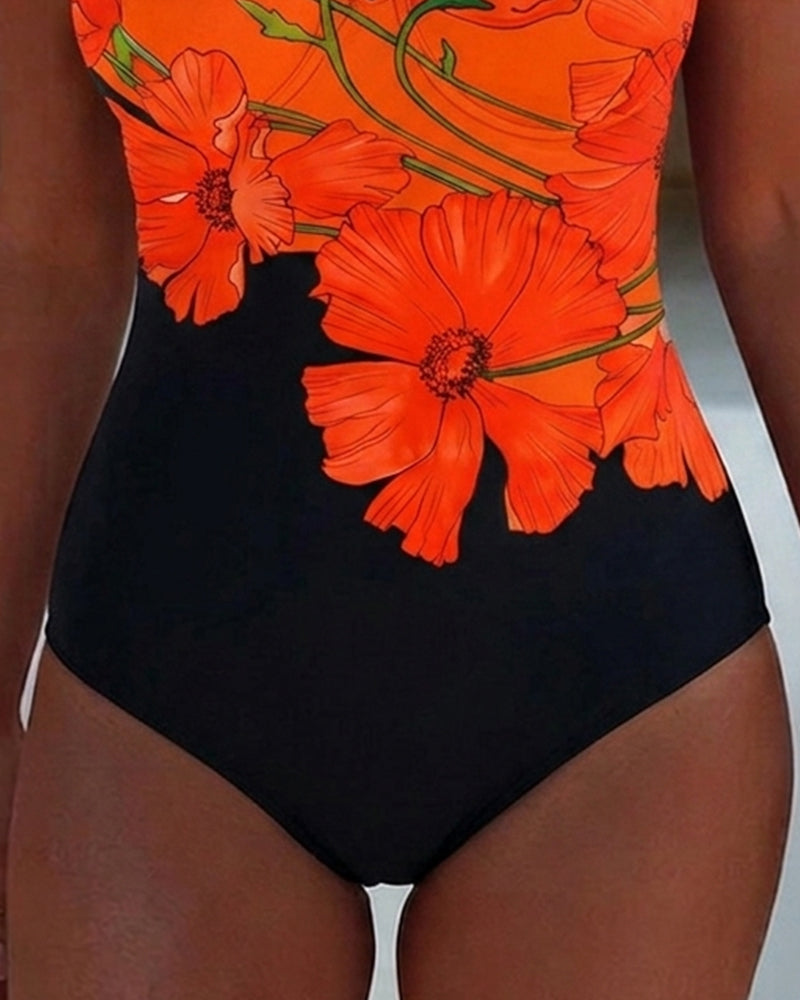 Square Neck Halter Strap Floral Swimsuit One-Piece