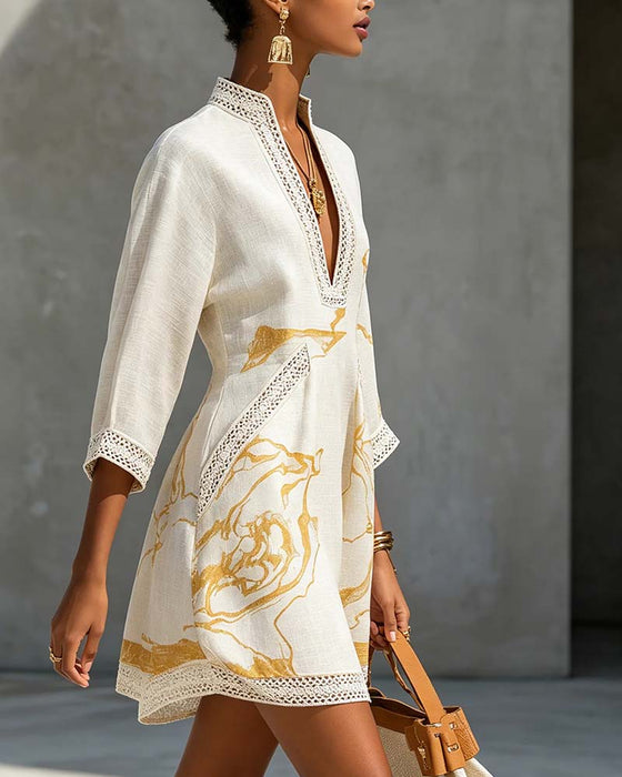 Stand Collar Hollow Half Sleeve Dress