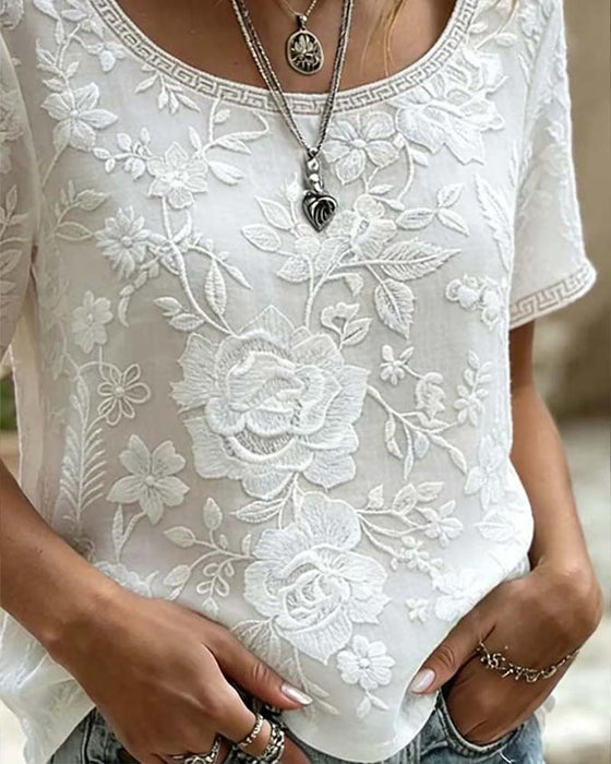 Crew Neck Embroidered Lace Patchwork Blouse