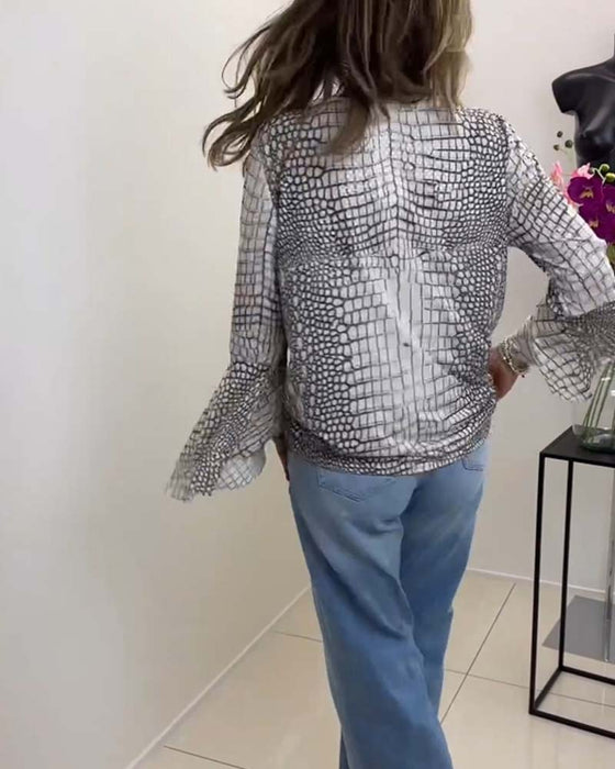 Patterned lanyard long-sleeved blouse