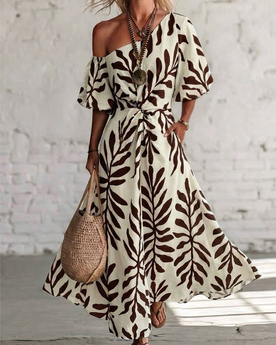 One-Shoulder Leaves Pattern Waist Dress