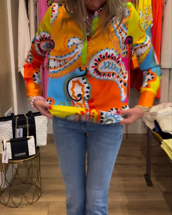 Colorful printed V-neck long-sleeve blouse