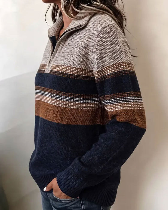 Lapel Zipper Striped Contrast Pullover