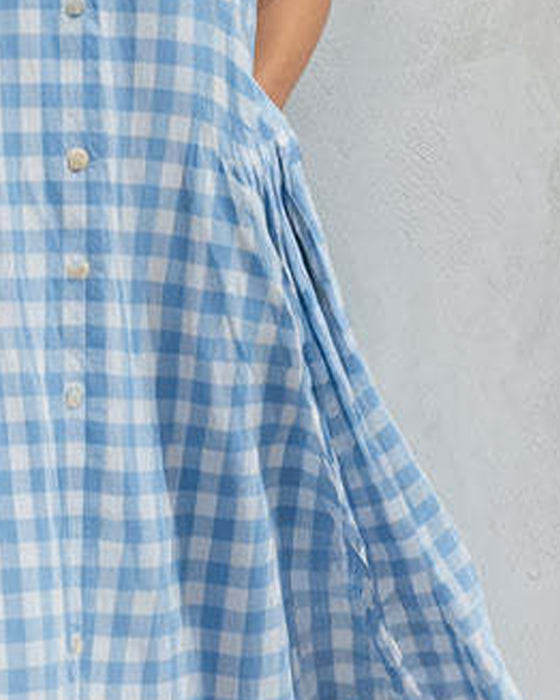 Lapel Blue And White Check Sleeveless Dress