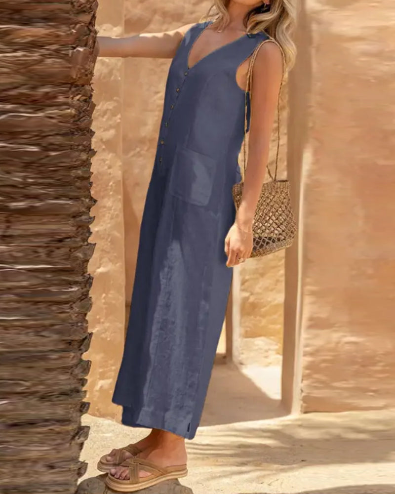 V-Neck Single-Breasted Sleeveless Jumpsuit