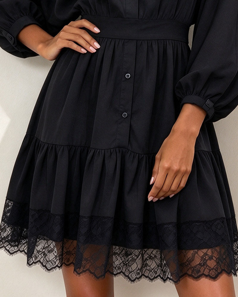 Stand Collar Lantern Sleeve Lace Patchwork Dress