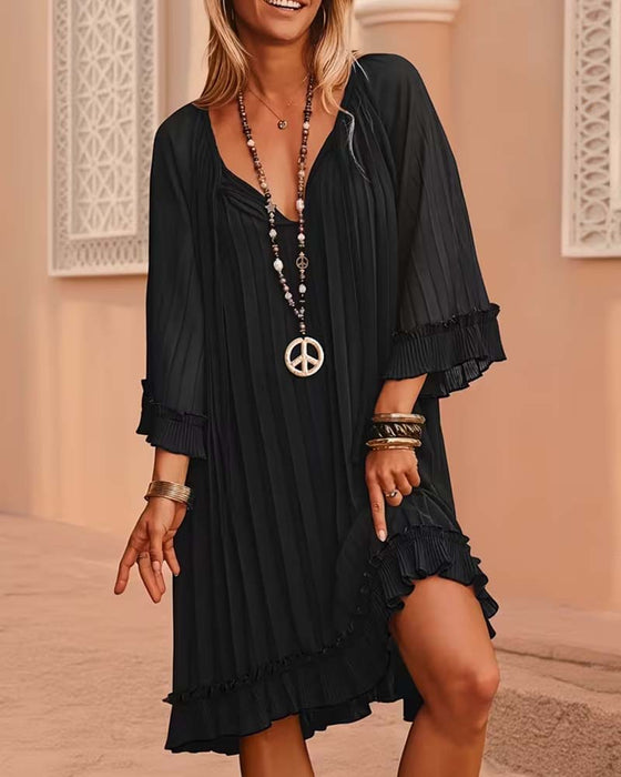 V-Neck Ruffled Three-Quarter Sleeve Dress