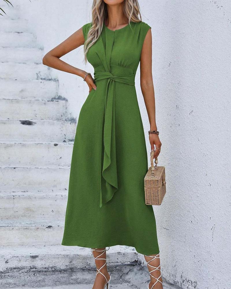 Solid Color Cinched Waist Tie Dress