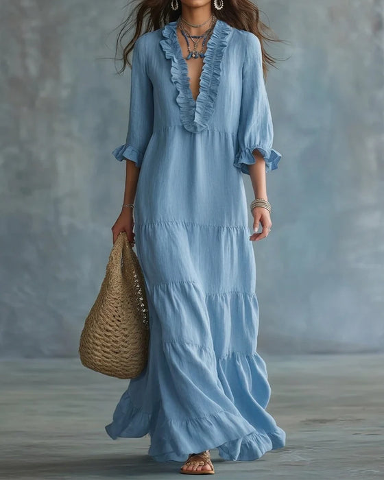 V-Neck Ruffle Tiered Long Dress