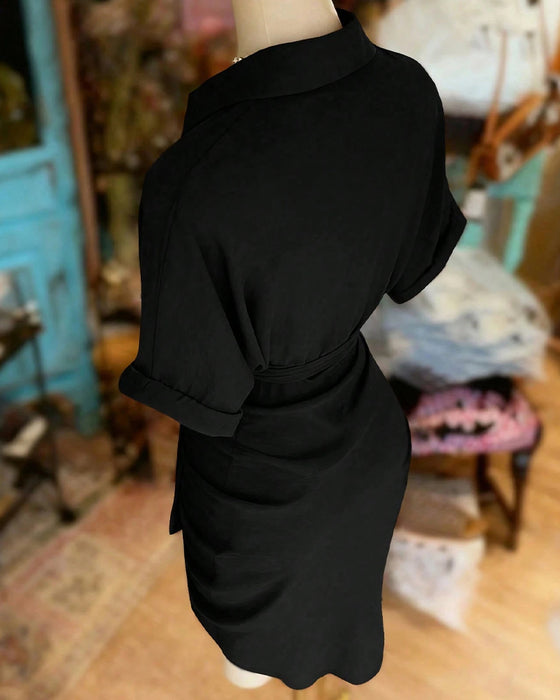 Tie Button Pleated Shirt Collar Dress