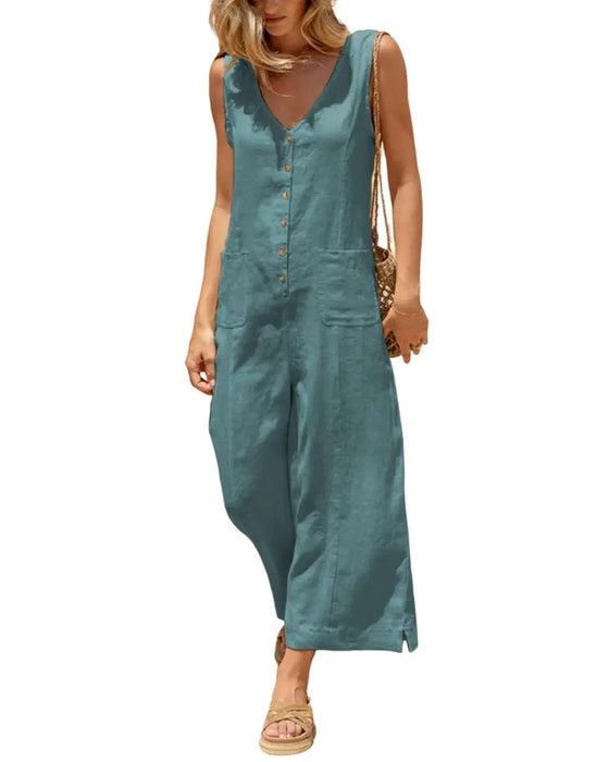 V-Neck Single-Breasted Sleeveless Jumpsuit