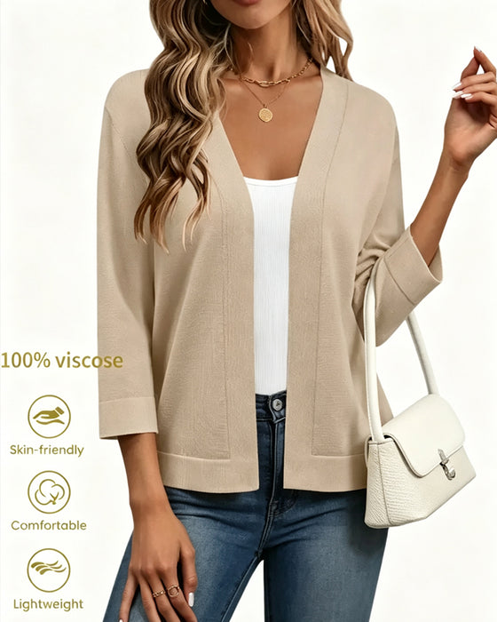 Elbow-Length Sleeve Open Front Knit Cardigan