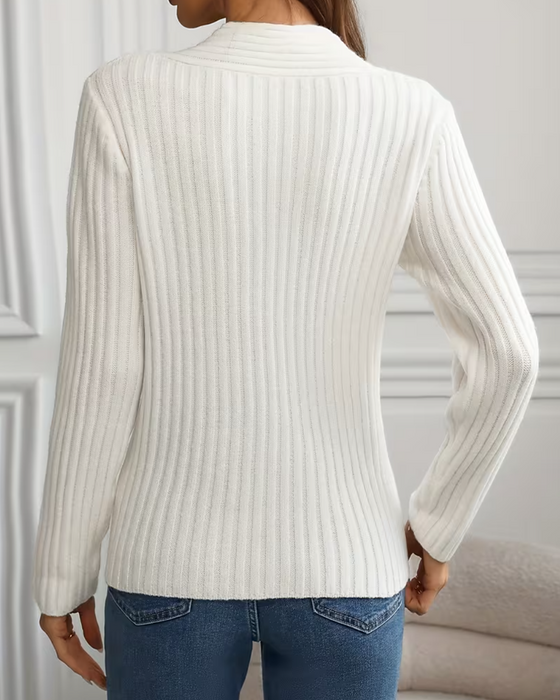 V-Neck Ribbed Cross Long-Sleeved Pullover