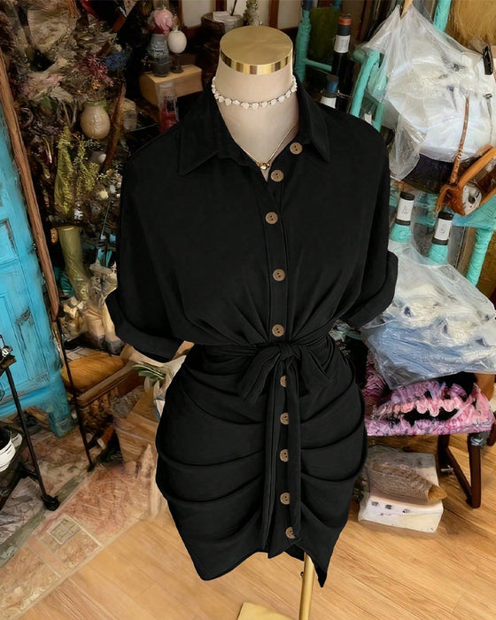 Tie Button Pleated Shirt Collar Dress
