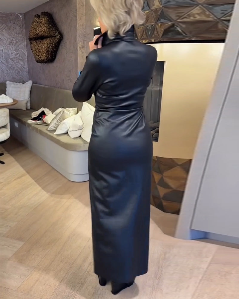 Lapel Zipper Pu Fashion Dress