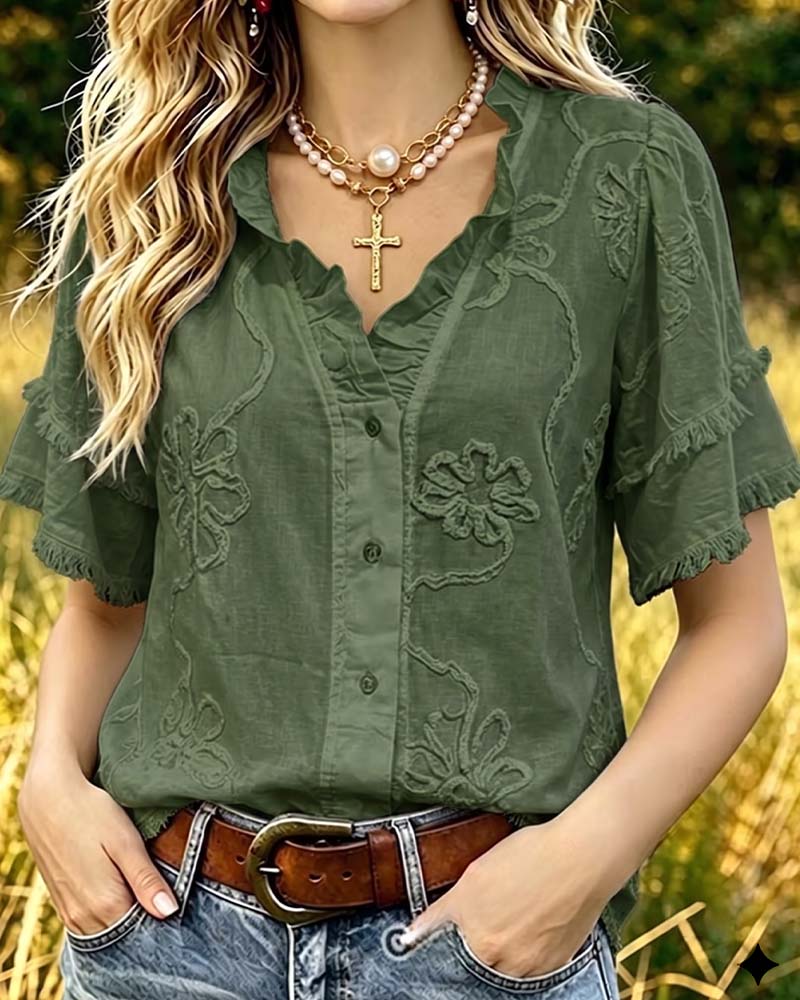 Fringed Hem Puff Sleeve Blouse