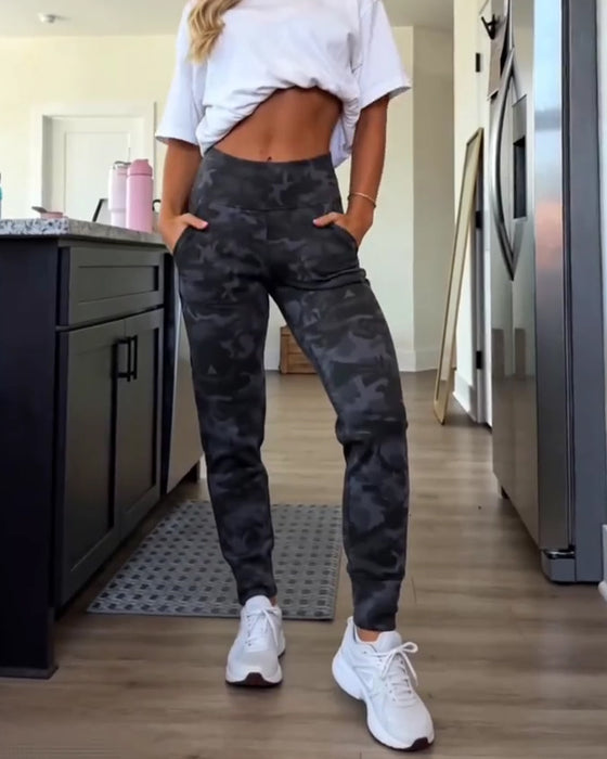 High Waist Pocket Solid Color Long Pants