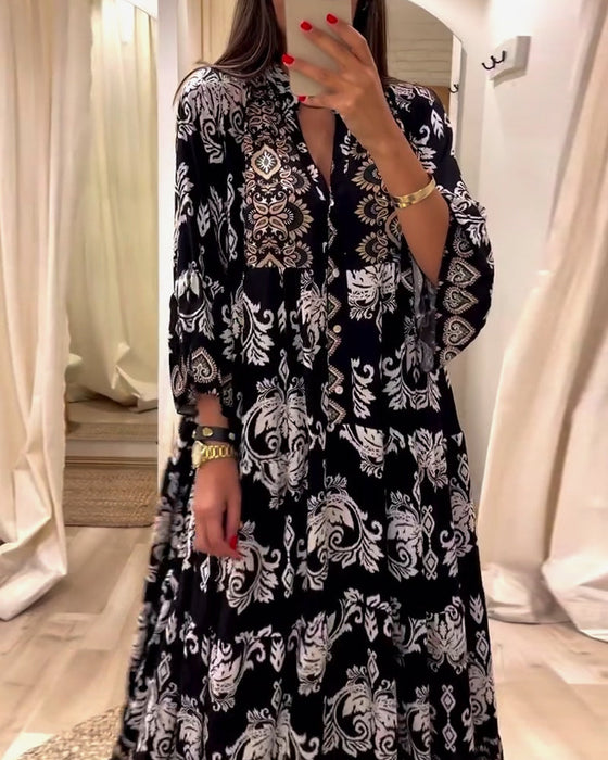 Vintage printed pleated loose dress