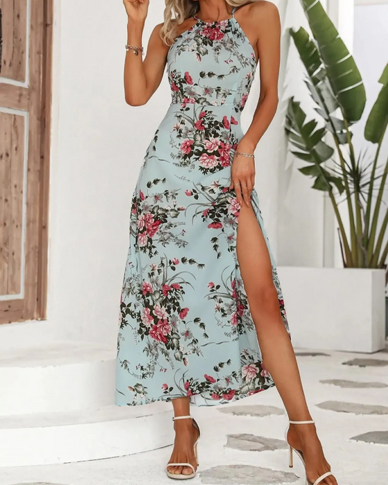 Halterneck Slit Waisted Floral Dress