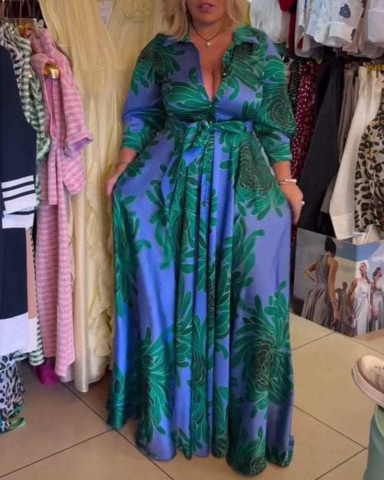 Long Sleeve V-Neck Waisted Swing Dress