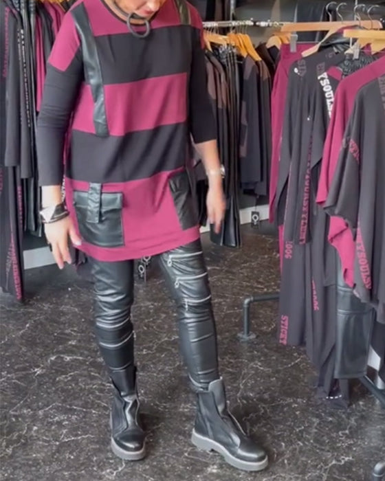 Round neck pu pocket stitching contrast color top