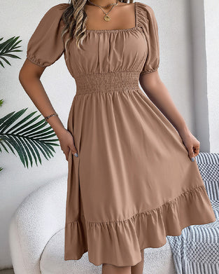 Square Neck Cinched Waist Ruffle A-Line Dress