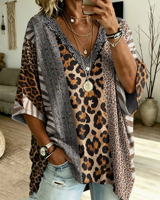 Leopard Print Patchwork V-Neck Casual Top