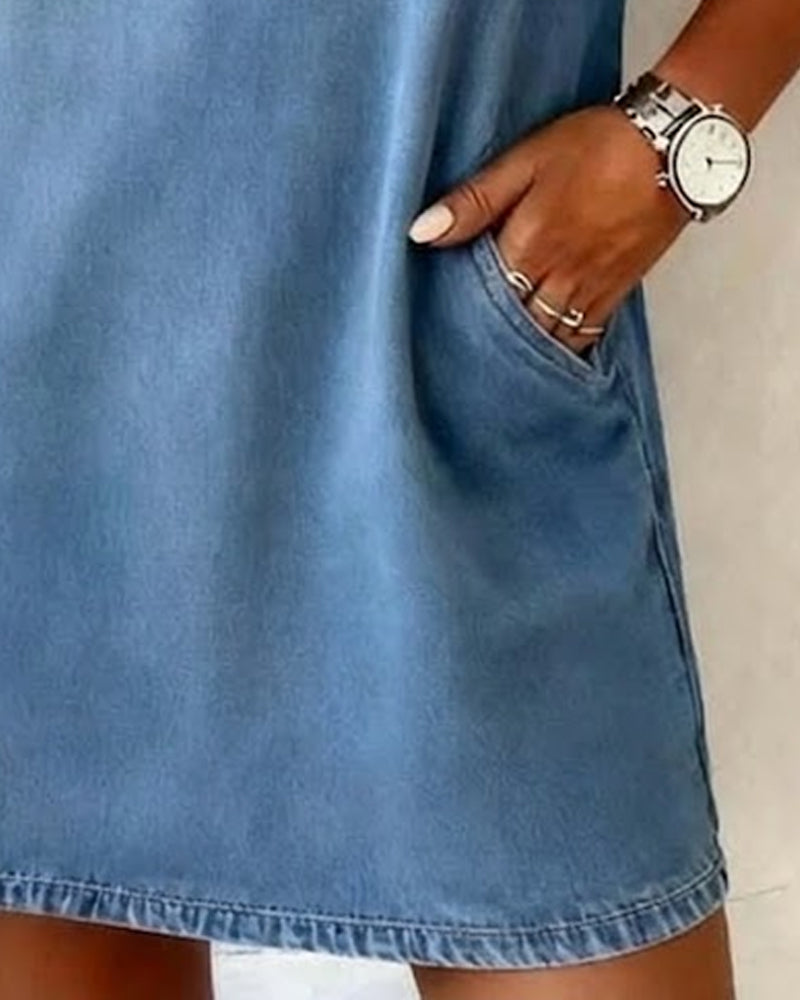 Denim V-Neck Short-Sleeved Shift Dress