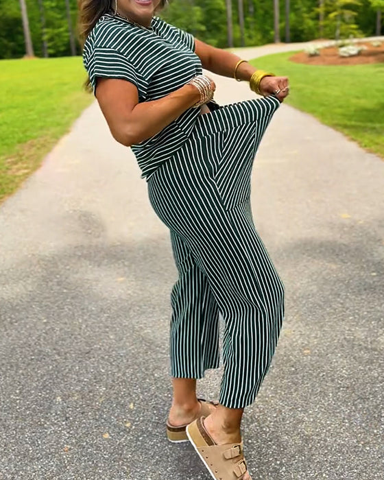 Round Neck Striped Elastic Waist Pocket Set