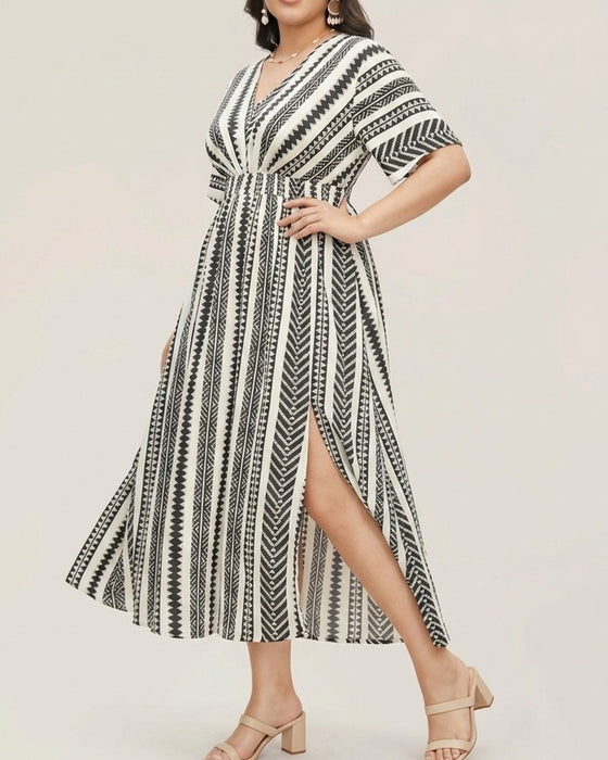 Deep V Blue White Geometric Stripe Waist Dress