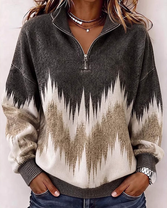 Collared Zipper Color-Block Loose Sweatshirt