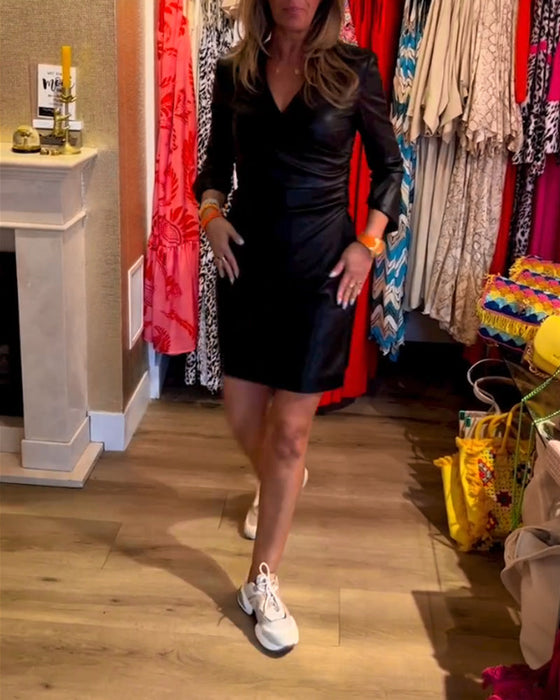 V Neck PU Bodycon Dress