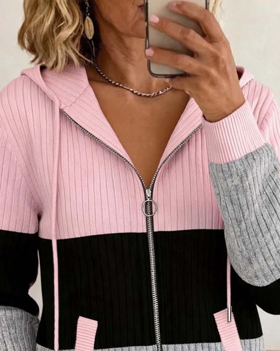 Hooded Zipper Ribbed Color Block Coat