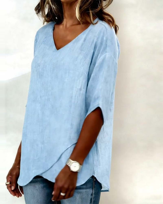 Irregular Hem Solid Color V-Neck Top