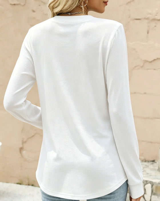 V-Neck Button Long Sleeve Solid Top
