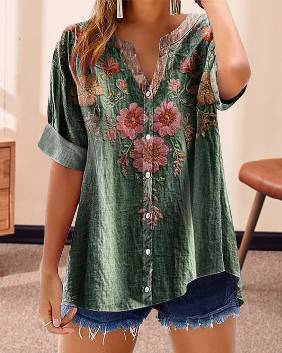 Fashion Printed V-Neck Blouse