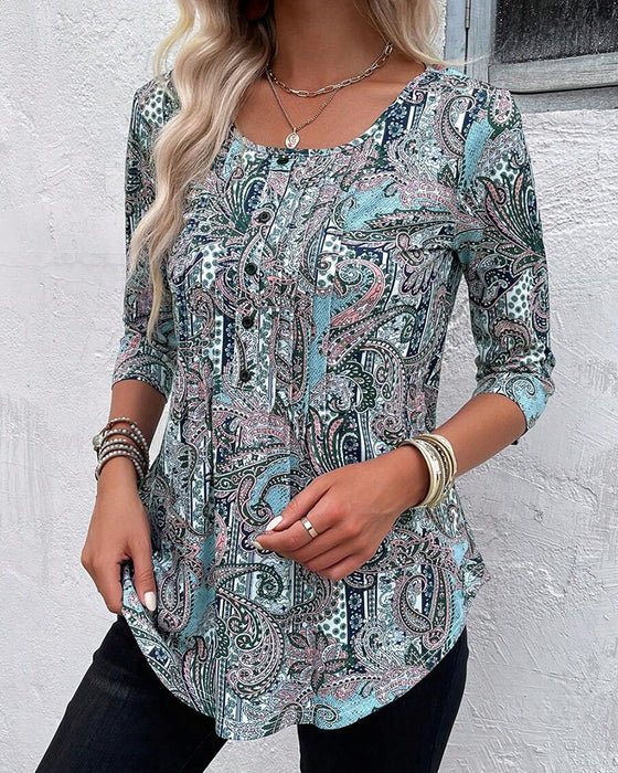 Three-Quarter Sleeve Vintage Print Blouse