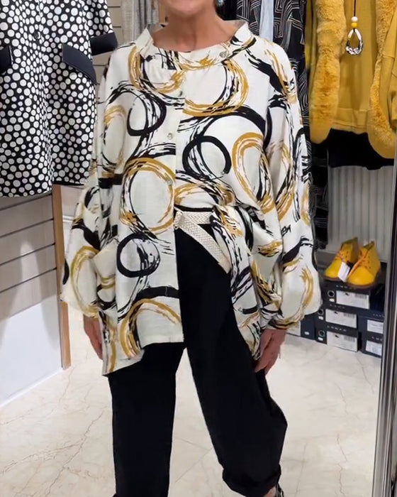 Stand Collar Button Novelty Print Shirt