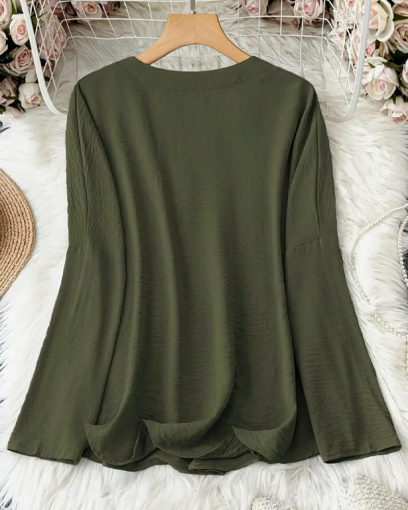 V Neck Irregular Solid Color Long Sleeve Blouse
