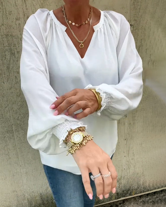 Smocked Long-sleeved V-neck Casual Top