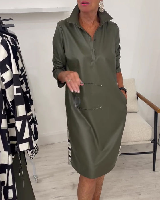 Lapel Solid Long Sleeve Dress