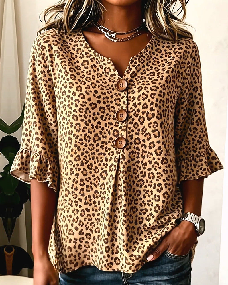 Three-Button Leopard Print Ruffle Blouse