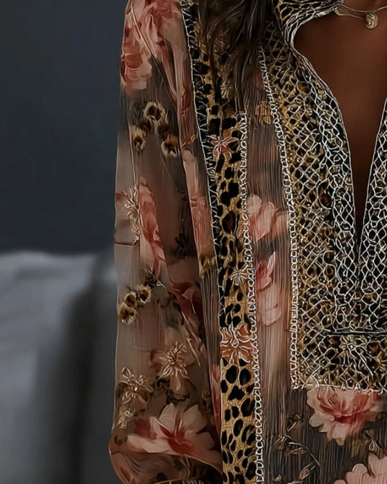 Floral Leopard Long Sleeve Blouse