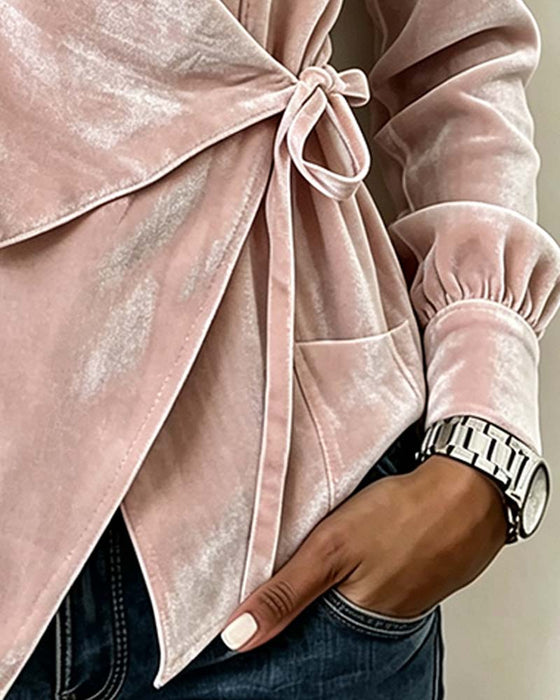 V-Neck Drawstring Cross Over Long Sleeve Blouse