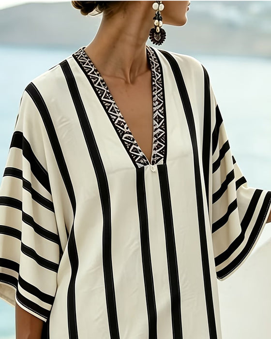Color Block Black Vertical Stripe V-Neck Dress